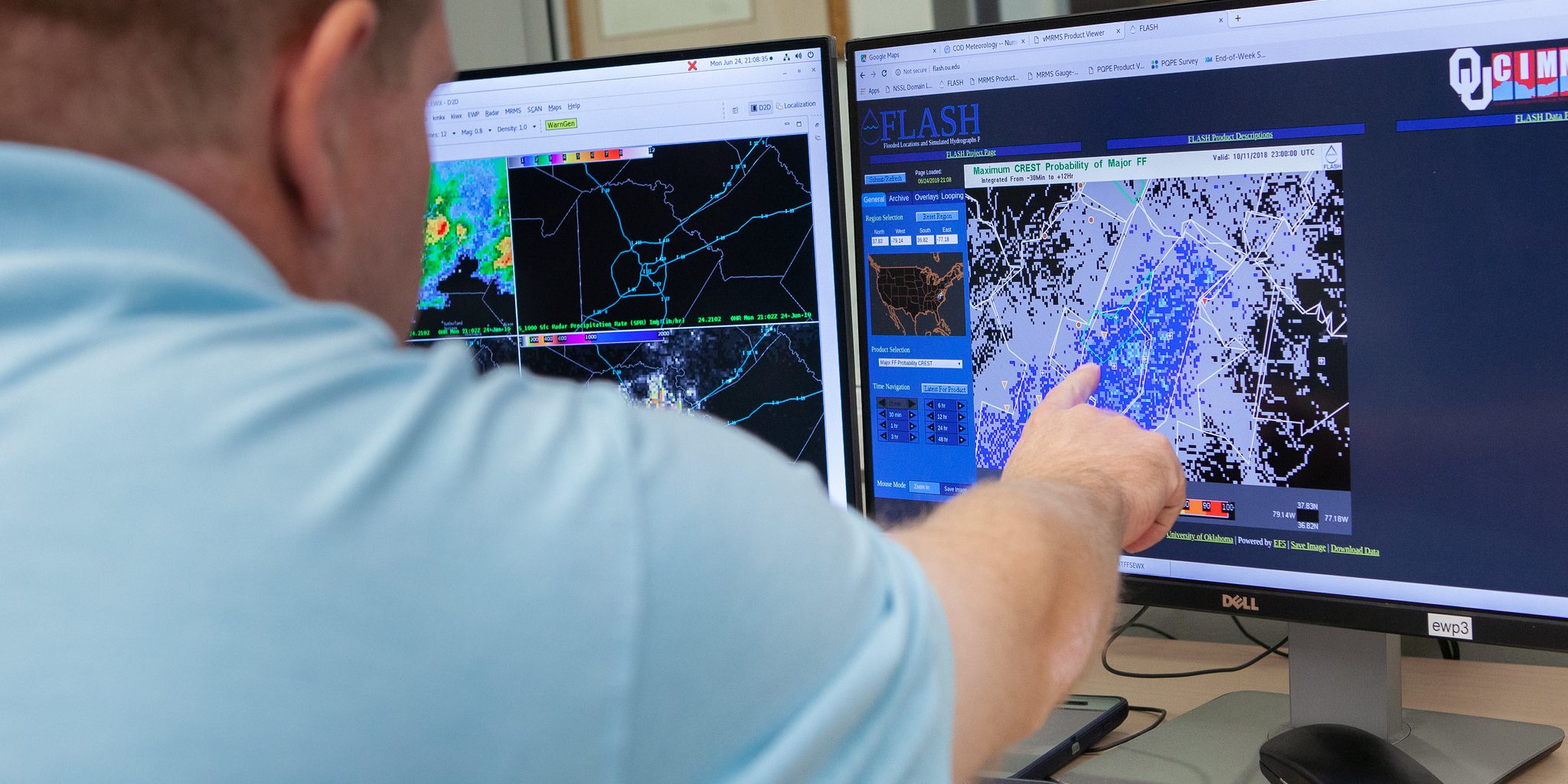 48181577667_613c32bf94_k The Multi-Radar Multi-Sensor (MRMS) Hydrometeorology Testbed - Hydro (hereafter denoted as HMT-Hydro) experiment is a part of the United States Weather Research Program (USWRP) through the Hydrometeorology Testbed (HMT) that runs from 24 June to 19 July 2019. During the HMT-Hydro experiment, forecasters and hydrologists from the National Weather Service (NWS) will work with National Severe Storms Laboratory (NSSL) research scientists to explore new technology and techniques to improve the prediction and warning of flash flooding. In particular, NWS participants will evaluate new probabilistic hydrologic modeling concepts and output within the Flooded Locations and Simulated Hydrographs (FLASH) system that could help convey the uncertainty of the flash flood threat. NWS participants will also evaluate high resolution precipitation forecasts from the NSSL Warn-on-Forecast (WoF) project and the addition of these forecasts into the FLASH system. Feedback from participants will allow NSSL research scientists to identify how these high spatio-temporal resolution precipitation forecasts could influence the warning decision making process, including the potential for increased warning lead time. Evaluations of the various probabilistic data sets will provide further understanding on the usability and effectiveness of these products, as well as guide future efforts of the Forecasting A Continuum of Environmental Threats (FACETs) project for flooding hazards. The HMT-Hydro experiment runs in conjunction with the Flash Flood and Intense Rainfall (FFaIR) experiment at the Weather Prediction Center (WPC) to collaborate on the short-term forecasting of flash flooding for both a national and regional scale.