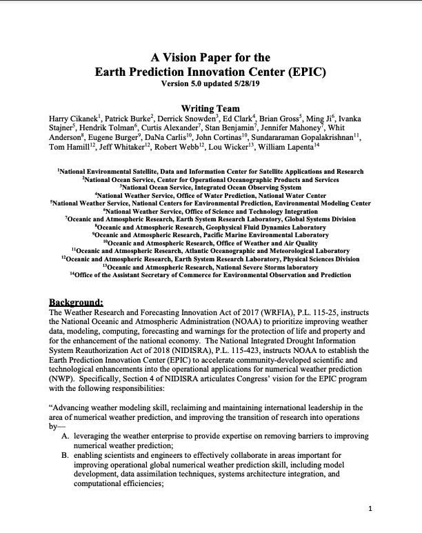 A Vision Paper for the Earth Prediction Innovation Center (EPIC)
