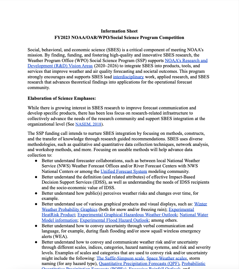 FY23 Social and Behavioral Sciences Competition Information Sheet