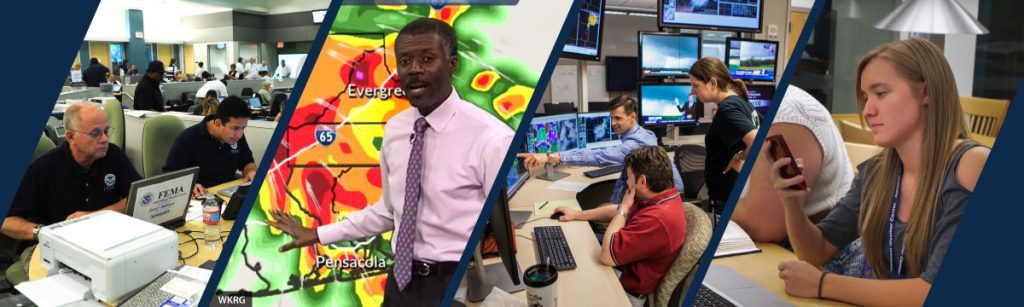 FEMA officials coordinating efforts, WKRG Broadcast Meteorologist, meteorologists working, and college student receiving weather information on phone