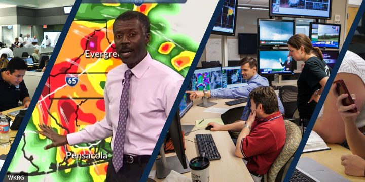 social-banner4b FEMA officials coordinating efforts, WKRG Broadcast Meteorologist, meteorologists working, and college student receiving weather information on phone