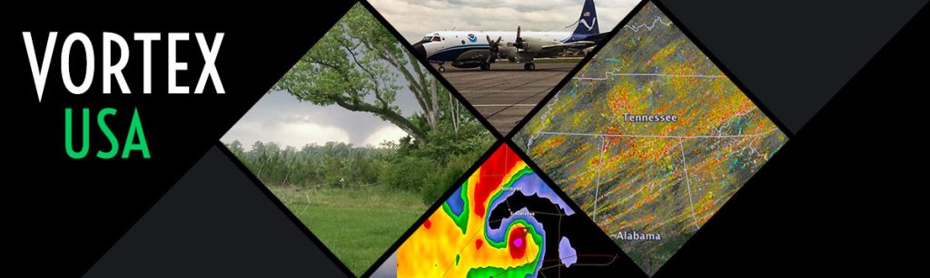 Vortex USA photos showing NOAA plane, tornado on ground, radar image of hook echo, and tornado paths across TN and AL
