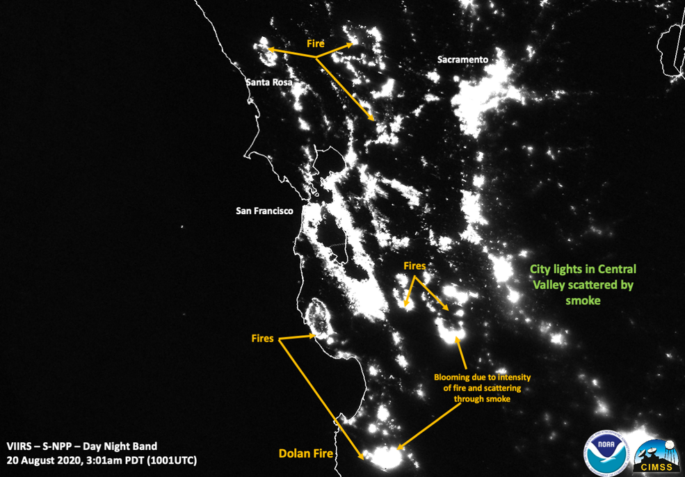 Striking images of the California wildfires are seen in these nighttime satellite images taken by the NOAA-NASA Suomi NPP satellite on Aug. 20, 2020.
