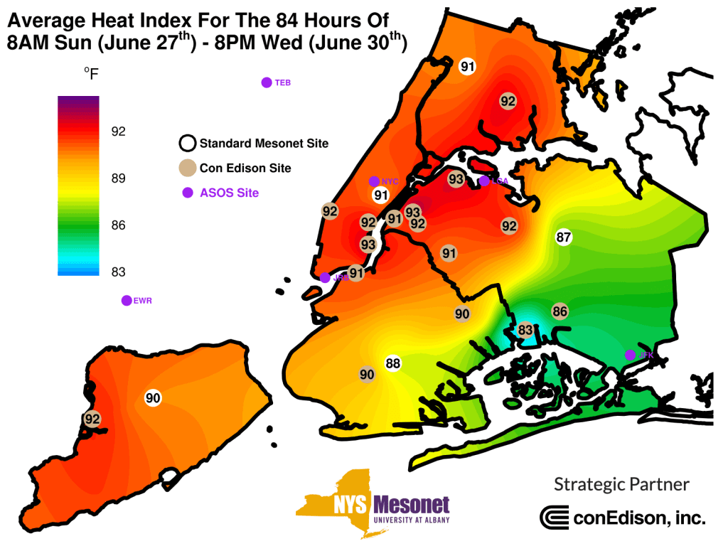 Average Heat Index for the 84 hours 8am Sunday June 27 to 8 pm Wednesday June 30. conEdison