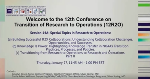 Screenshot of the title slide for a presentation titled "Building Successful R2X Collaborations: Ongoing WPO Efforts to Highlight Knowledge Transfer in NOAA’s Transition Practices, Processes, and Policies."
